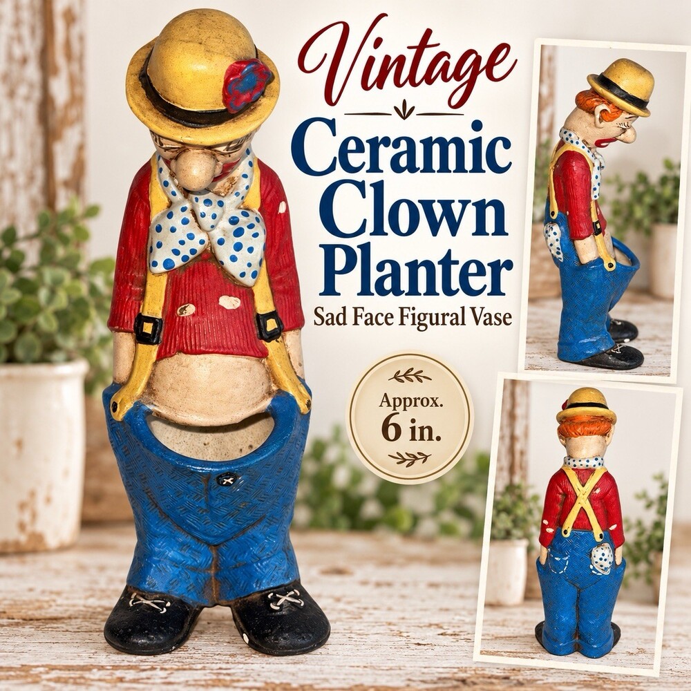 Vintage Ceramic Sad Clown Planter Vase 6” Figural Cactus Planter Mid Century